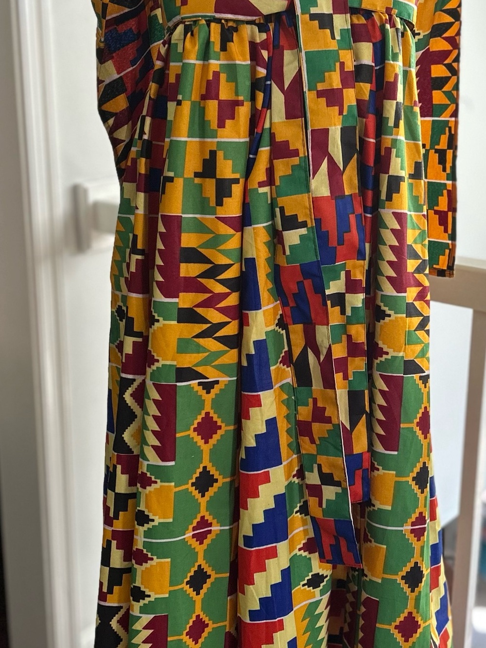 Vibrant Multicolor Kente-Inspired Maxi Dress — Green & Yellow Print